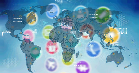 Image of icons and world map over data processing and blue screen. Global network, data processing,...