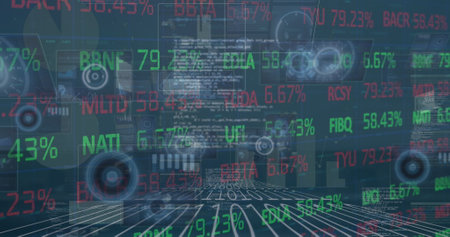 Image of financial data processing over graphs and charts. Global communication, business, data and digital interface concept digitally generated image.の写真素材