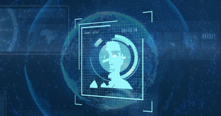 Image of globe, clock, and user photos over navy background. Social media, global network, data...