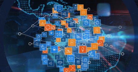 Image of globe, world map and tech icons with connections over black background. Global network, data processing, and technology concept digitally generated image.の写真素材