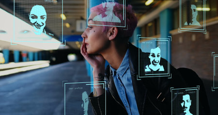 Image of digital profile portraits over caucasian woman with pink hair waiting at station. Global communication, travel and digital interface concept digitally generated image.の写真素材