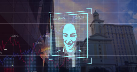 Image of financial data and user photos over cityscape. Social media, global business, finance, economy, network and technology concept digitally generated image.の写真素材