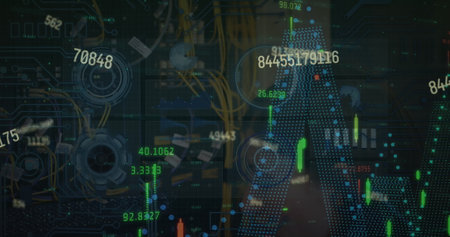 Image of graphs and data processing on interface with black background. Global communication, business, data and digital interface concept digitally generated image.の写真素材