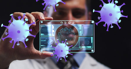 Image of purple virus cells over caucasian male lab worker with digital card with virus data....
