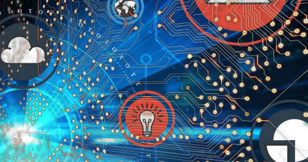Image of integrated circuit and tech icons over globe and blue background. Global network, data...