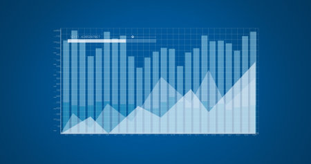 Image of diverse graphs on blue background. Global finance, money and economy concept digitally...