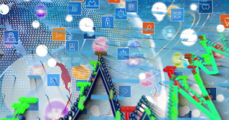 Image of globe, graphs and tech icons over blue background. Global network, data processing, and...