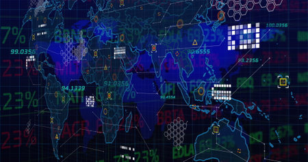 Image of financial data over world map and icons in navy digital space. Global business, finance,...