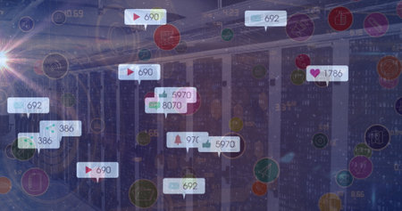 Image of network of connections with social media icons and numbers over globe and cityscape. Global...