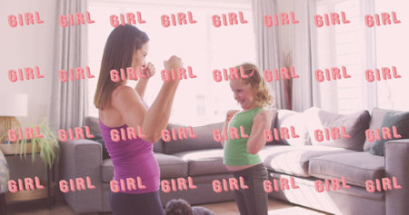 Image of girls power over caucasian mother and daughter practicing yoga. Girls power concept digitally generated image.の写真素材