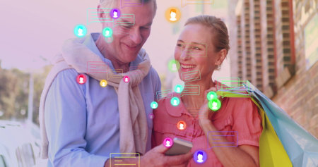 Image of falling icons over caucasian senior couple walking. International day of older persons concept digitally generated image.の写真素材