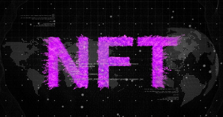 Image of world map, globe and nft over black background. Digital resources, finance, economy and data processing concept digitally generated image.の写真素材