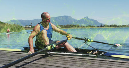Image of spinning dna strand over caucasian senior man in kayak. International day of older persons concept digitally generated image.の写真素材