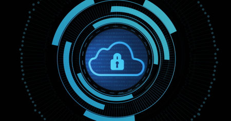 Image of digital cloud with padlock in processing circle on black background. Data processing, digital security and technology concept digitally generated image.の写真素材