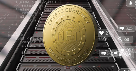Image of coin with nft, data processing and social media reactions over servers. Digital resources, crypto currency, network, finance and economy concept digitally generated image.の写真素材