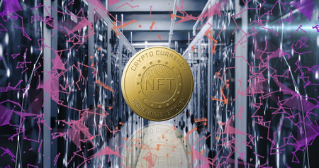 Image of coin with nft and connections over servers. Digital resources, crypto currency, network,...