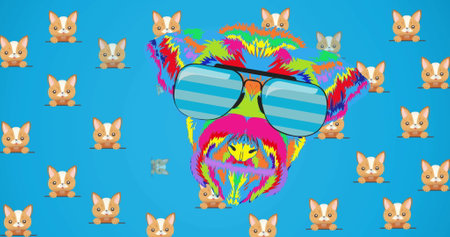 Image of cats over colorful dog in glasses on blue background. Pets, colour and movement concept digitally generated image.の写真素材