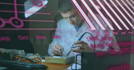 Image of financial data processing over businessman using smartphone. Global business digital interface technology and networking concept digitally generated image.の写真素材