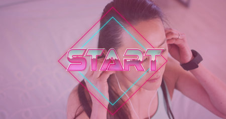 Image of h start text over caucasian woman practicing. Girls power concept digitally generated image.の写真素材