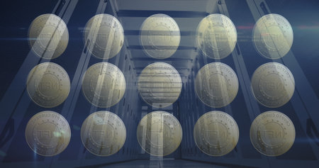 Image of coins with nft over servers. Digital resources, crypto currency, network, finance and...