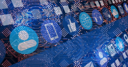 Image of social media icons over processor socket. Global connections, data processing and digital...