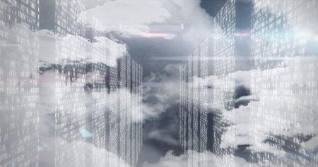 Image of data processing and clouds on black background. Global business, computing and digital interface concept digitally generated image.の写真素材
