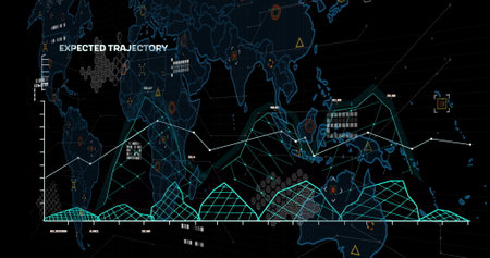 Image of financial data processing over world map on black background. Global business, finances and...