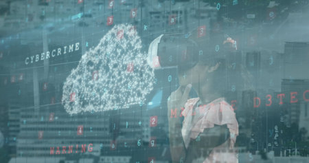 Image of digital cloud and numbers over african american woman in vr headset and citycsape. Network,...