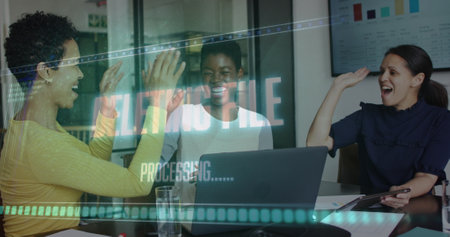 Image of data processing over diverse business people talking in office. Global business and digital...