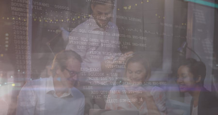 Image of data processing over diverse businesspeople in office and people walking. Network, communication, business and technology concept digitally generated image.の写真素材