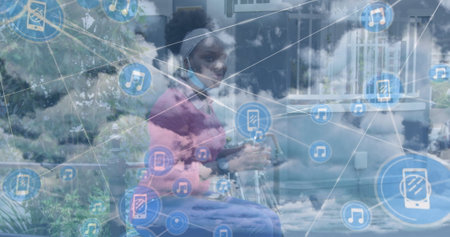 Image of network of connections over clouds and african american woman with bike. Sport, active lifestyle, communication and connections concept digitally generated image.の写真素材