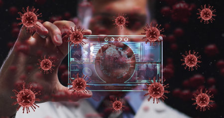 Image of red virus cells over caucasian male doctor with digital card with virus data. Health, medicine, biology, science and covid 19 pandemic concept digitally generated image.の写真素材