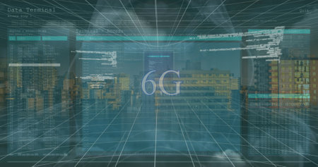 Image of data processing on screens and 6g over cityscape. Network, data processing, digital security and technology concept digitally generated image.の写真素材