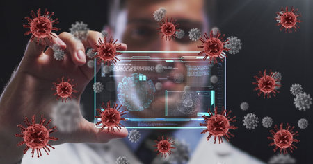 Image of red virus cells over caucasian male doctor with digital card with virus data. Health,...