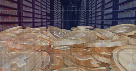 Image of coins with nft and graphs over servers. Digital resources, crypto currency, network,...