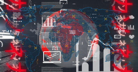 Image of data processing, icons, graphs, globe and chinese writings in black digital space. Global network, data processing, and technology concept digitally generated image.の写真素材
