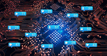 Image of social media icons and numbers over computer circuit board. Global social media,...