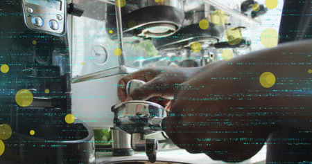 Image of falling yellow dots over barista making coffee. Global business, finances, data processing...
