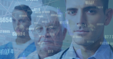 Image of data processing over group of diverse doctors. Global medicine, technology, data processing and digital interface concept digitally generated image.の写真素材