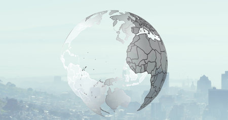 Image of spinning globe over cityscape. Global connections, technology and digital interface concept...
