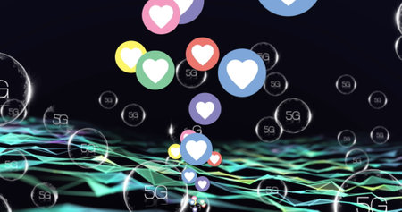 Image of falling 5g icons and falling hearts over wave. Social media and communication concept...