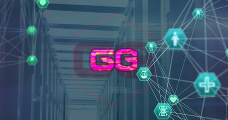 Image of 6g text and network of connections with icons over server room. Global business, computing...