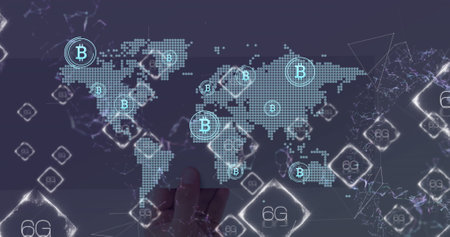 Image of 6g, bitcoins and world map with connections over violet background. Global finance, economy, network and technology concept digitally generated image.の写真素材