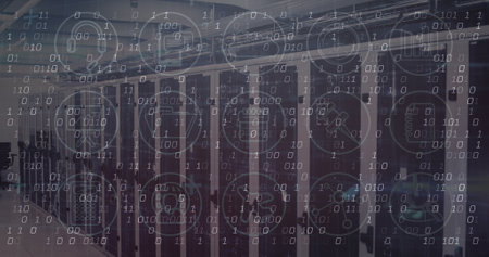 Image of data processing and icons over server room. Global technology, computing and digital...