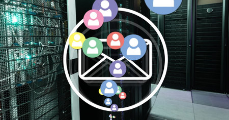Image of falling icons and massage icon over server room. Social media and communication concept...