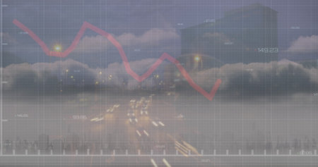 Image of financial data and graphs over cityscape. Global communication, finance and technology concept digitally generated image.の写真素材