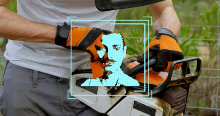 Image of social media users over midsection of caucasian man with electric saw. Social media and...