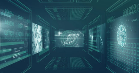 Image of data processing on screens over dark background. Global connections, data processing and...