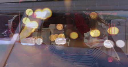 Image of digital data processing over two caucasian people in car. Global connections, data processing and digital interface concept digitally generated image.の写真素材