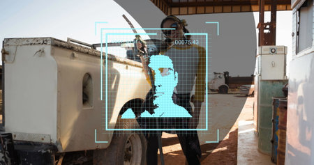 Image of digital interface over women refueling car. Energy, power and fuel technology digital interface concept digitally generated imageの写真素材